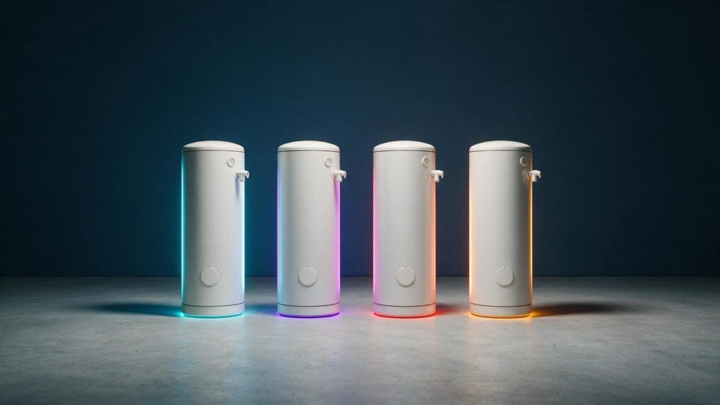 Four identical storage water heaters lined up, each lit a different colour