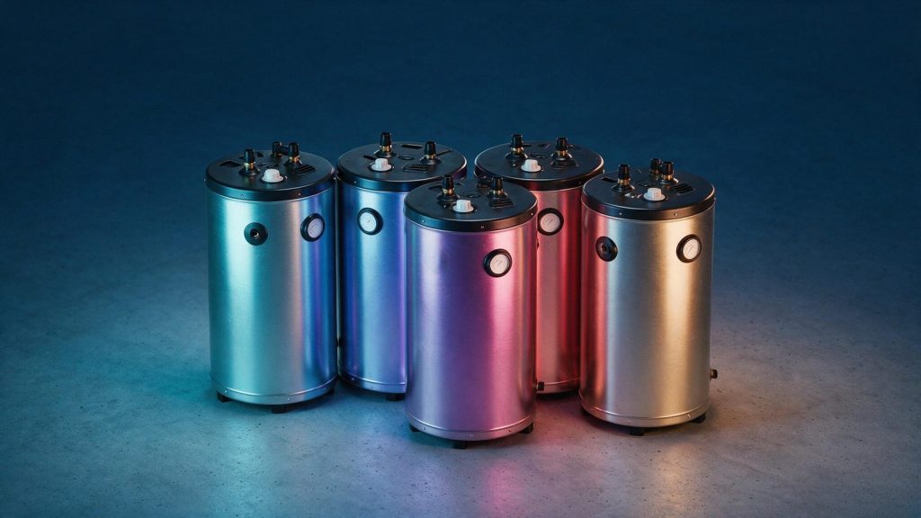 Five identical unbranded storage water heaters grouped together, each lit a different colour