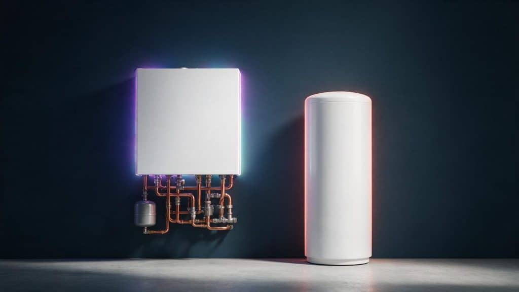 A wall-mounted boiler with its pipework beside a storage water heater