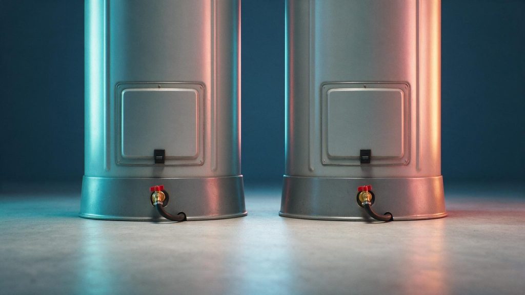 The bases of two storage water heaters side by side, showing their drain valves and access panels