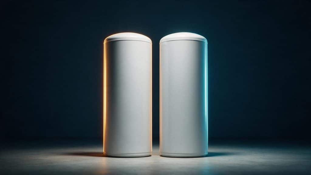Two storage water heaters side by side seen from a low camera angle