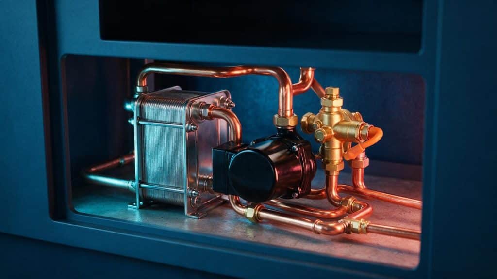 The inside of a combination boiler showing a plate heat exchanger, a diverter valve and copper pipework