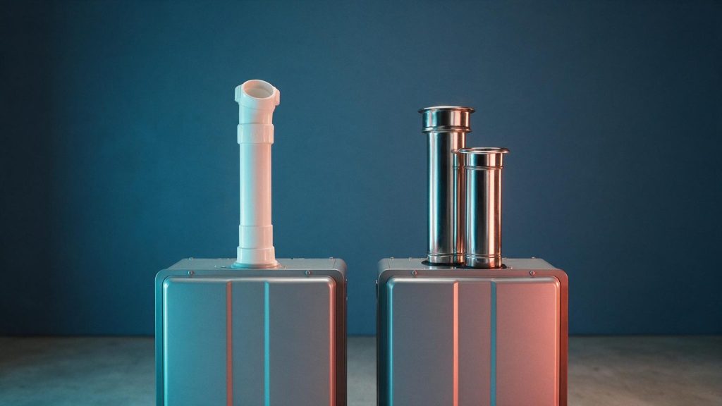 A white plastic vent pipe on one tankless unit beside a stainless steel vent pipe on another