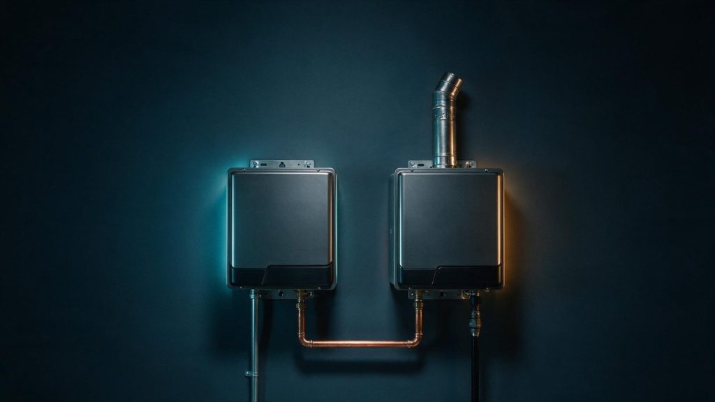 An electric tankless water heater beside a gas tankless unit with its vent pipe