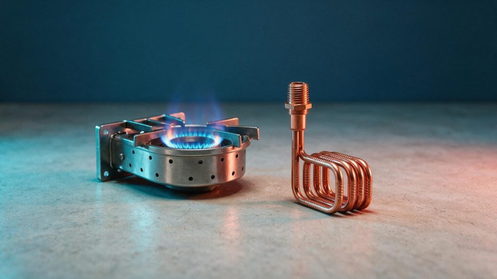 A gas burner assembly with a blue flame beside a screw-in copper electric heating element