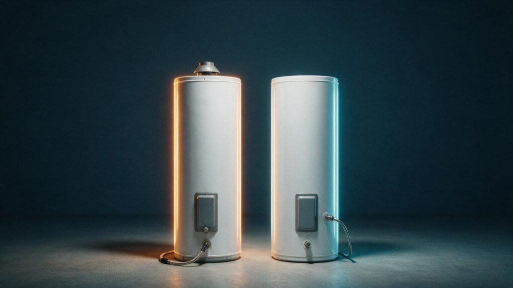 A gas storage water heater with its draft hood beside an electric model with its conduit