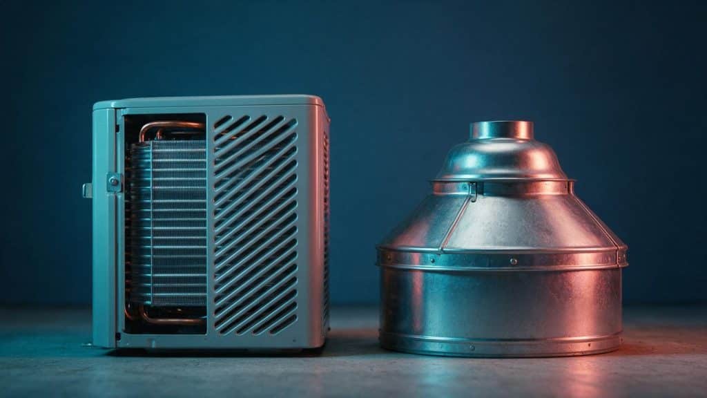 The louvred air intake of a heat pump water heater beside the sheet-metal draft hood of a gas tank