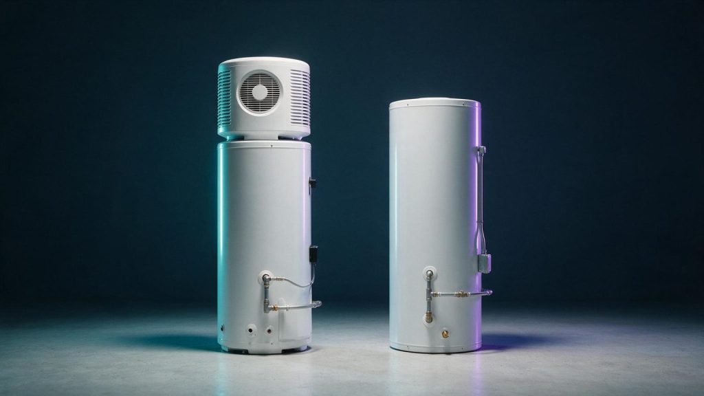 A heat pump water heater beside a standard electric storage water heater