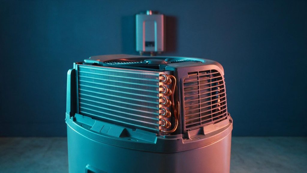 The compressor and evaporator module on top of a heat pump water heater, with a tankless unit behind it
