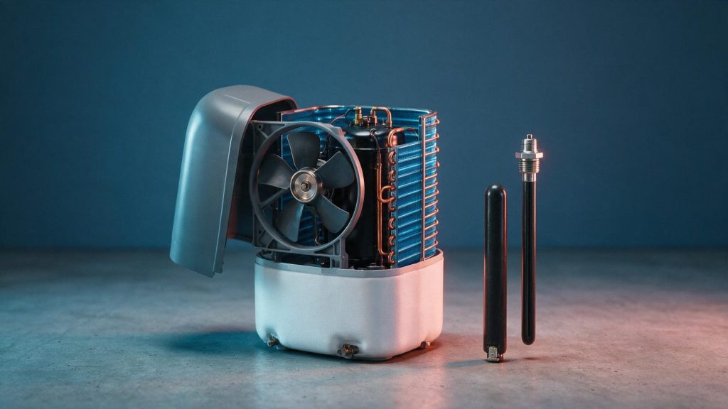 A heat pump water heater with its top cowling lifted to show the fan and evaporator coil, beside a plain resistance element