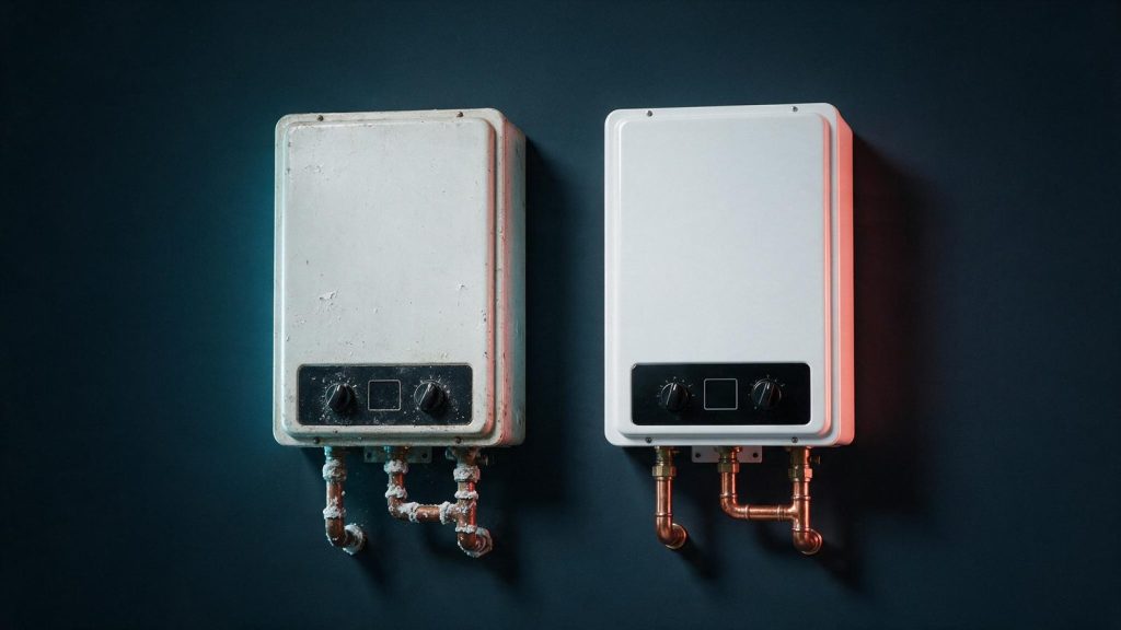A weathered old tankless water heater beside a brand-new one