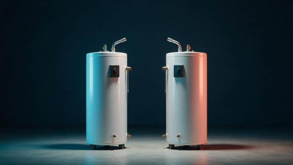 Two identical storage water heaters facing each other, one lit cool blue and one lit warm red