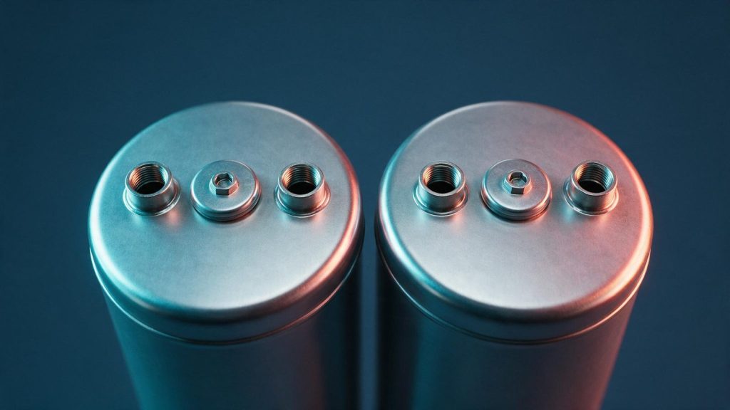 The top domes of two identical storage water heaters seen from above, each with two water connections and a central anode port