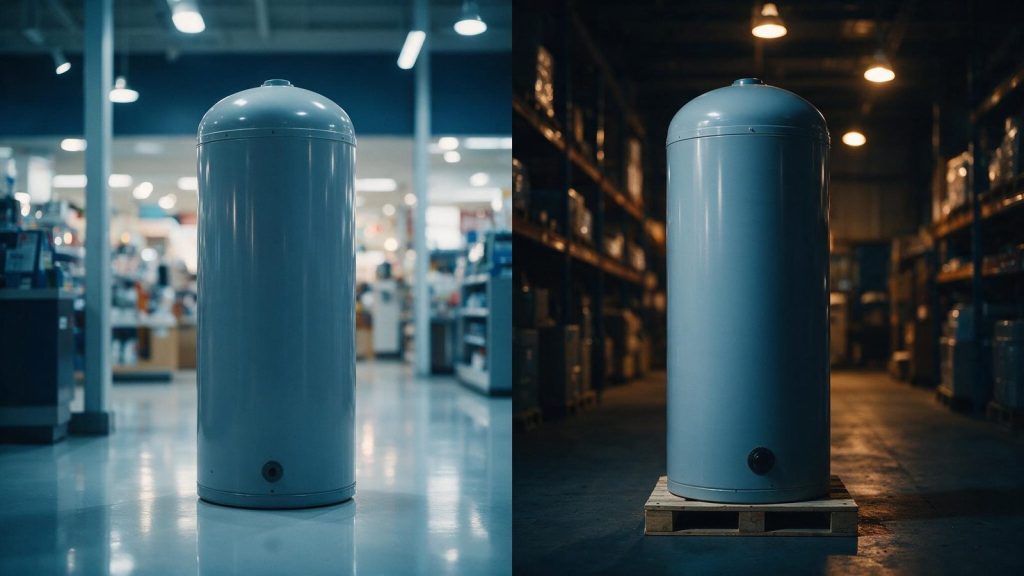 One identical water heater on a bright retail store floor and another on a pallet in a dim wholesale warehouse
