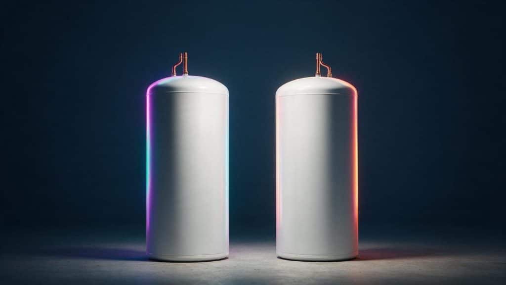 Two storage water heaters angled toward each other for a head-to-head comparison