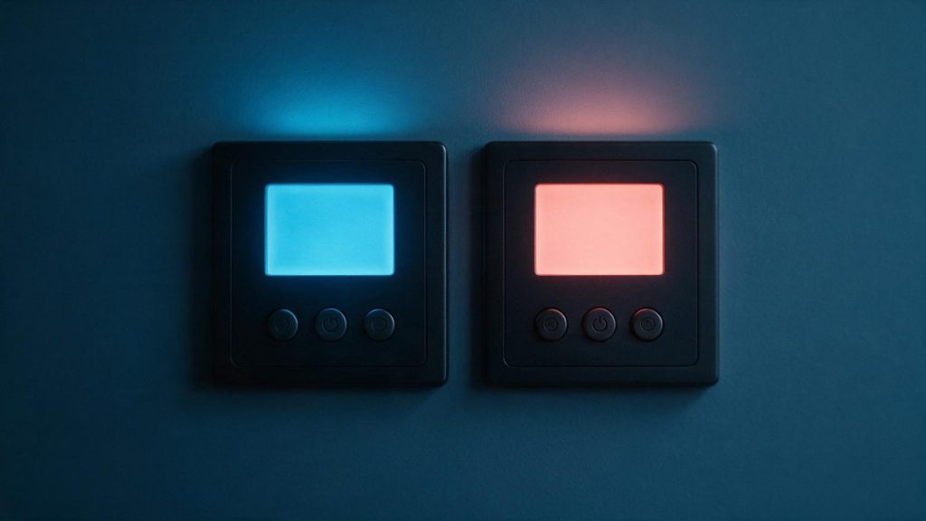 The control panels of two tankless water heaters mounted side by side, one lit cyan and one lit coral