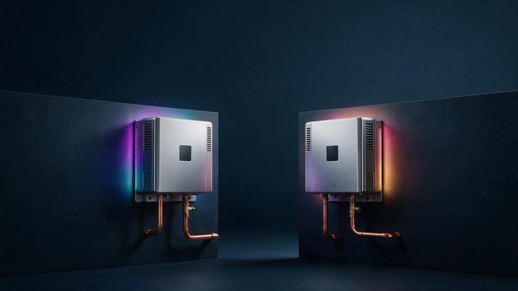 Two tankless water heaters mounted on facing walls, squaring up