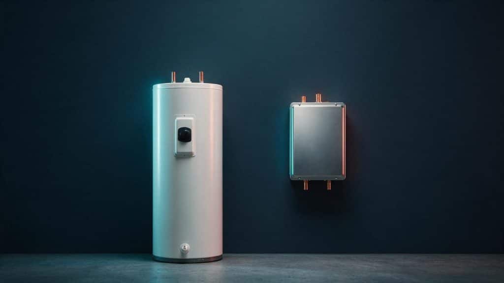 A 50-gallon storage water heater standing beside a wall-mounted tankless unit, shown at the same scale