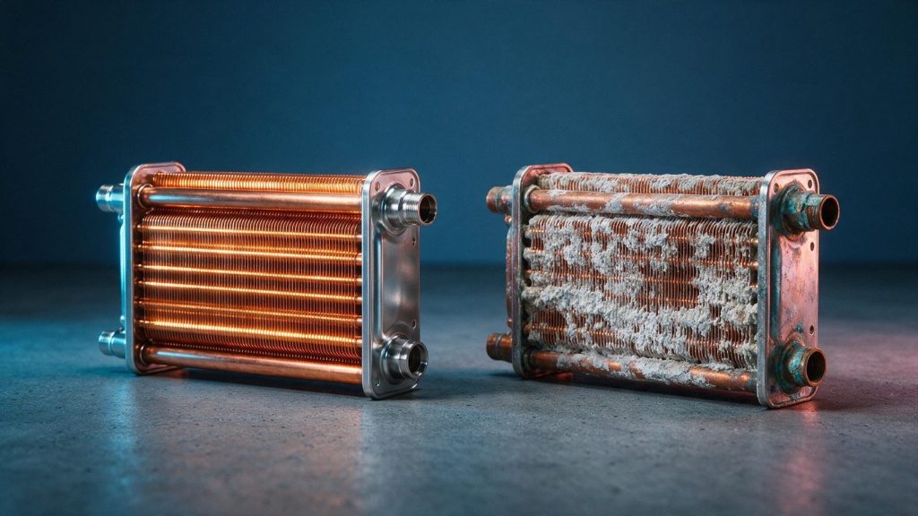 A clean copper tankless heat exchanger beside one thickly crusted with limescale