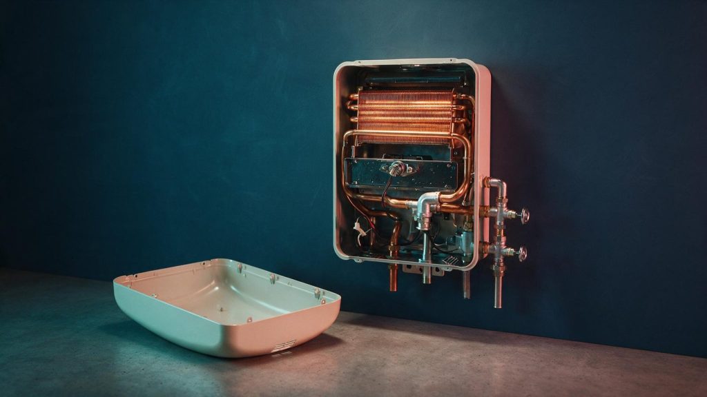 A tankless water heater with its front cover removed, showing the copper heat exchanger and burner tray inside