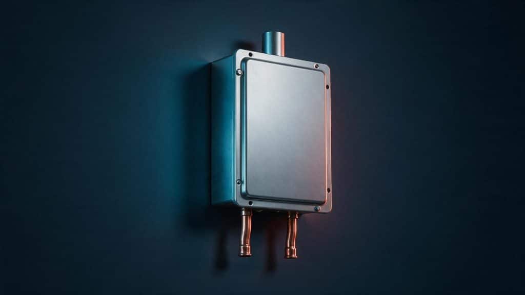 A wall-mounted tankless water heater seen from a three-quarter angle