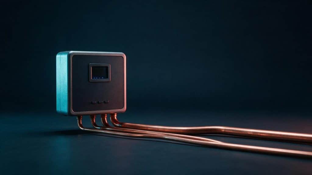A tankless water heater with three copper outlet pipes of different diameters