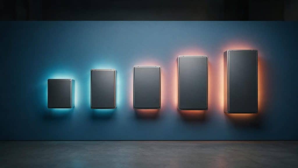 Five tankless water heaters of increasing size mounted together on one wall