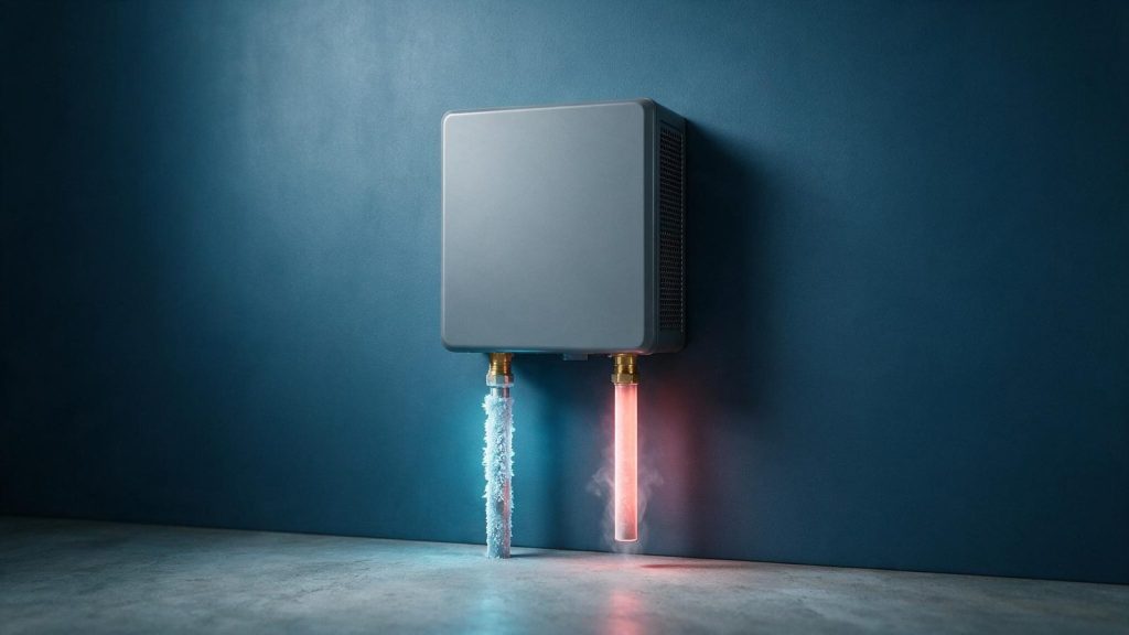 A tankless water heater with a frost-covered cold inlet pipe on one side and a steaming hot outlet on the other