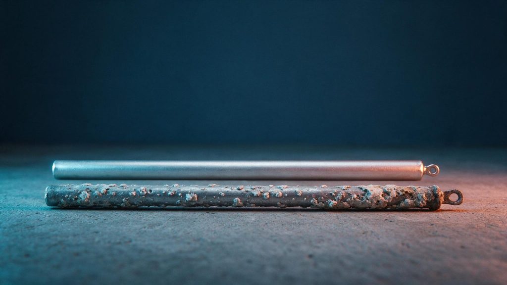 A new magnesium anode rod beside a badly corroded one eaten back to its steel core
