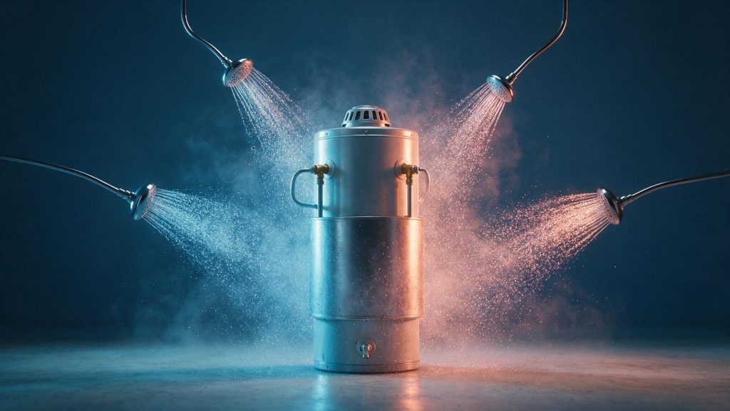 A single storage water heater with four shower heads running at once around it