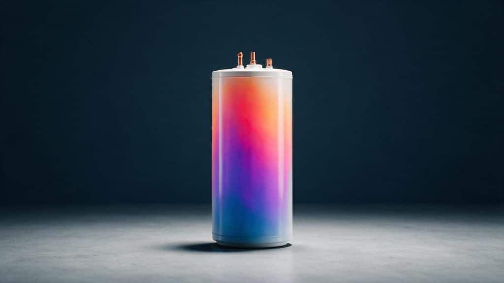 A storage water heater rendered in thermal-imaging colours, cold at the base and hot at the top