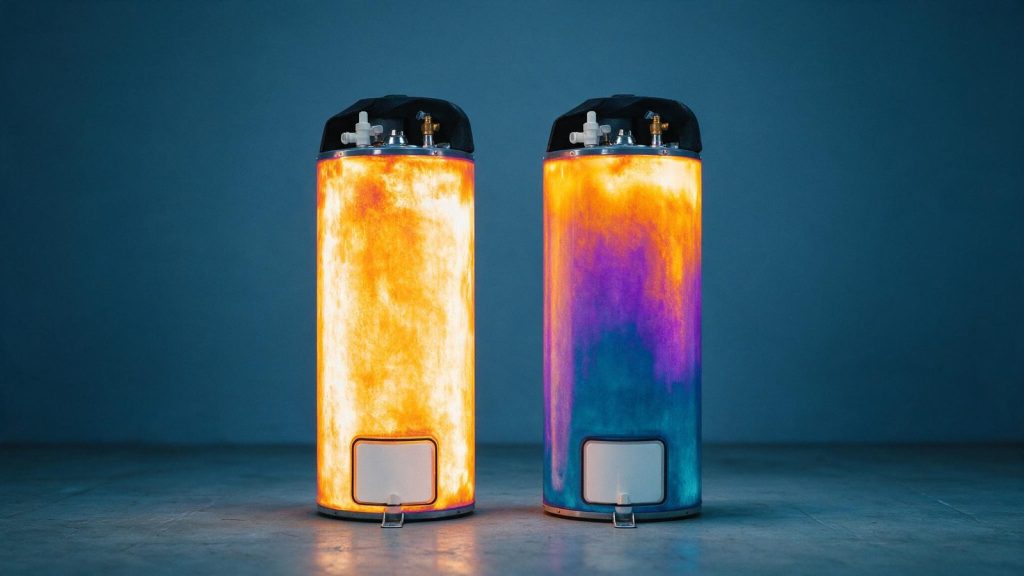 Two storage water heaters in thermal false colour, one hot throughout and one hot only in its top third