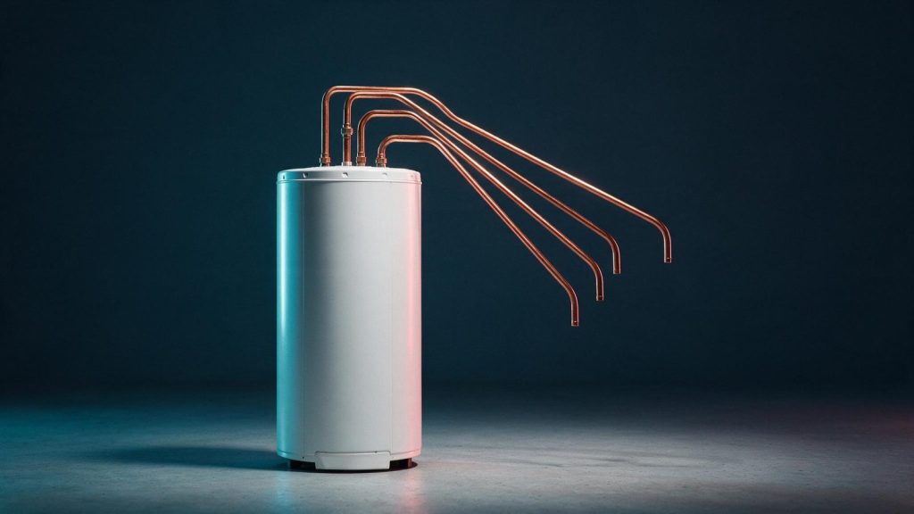 A storage water heater with four copper hot-water lines fanning out from its top