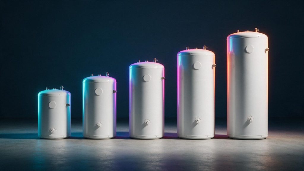 Five storage water heaters lined up from the smallest to the largest capacity