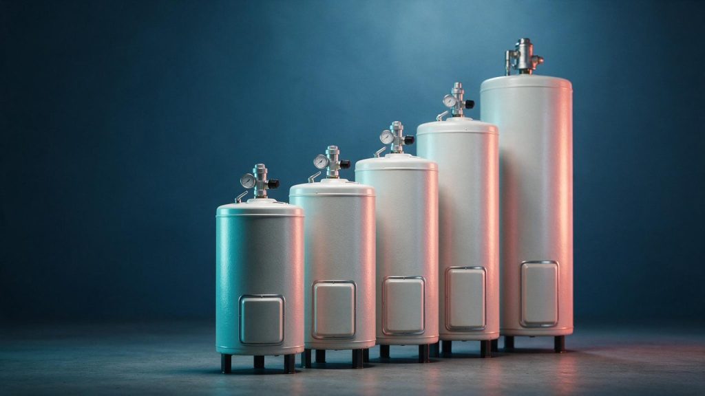 Five storage water heaters of increasing capacity standing in a row on a concrete floor