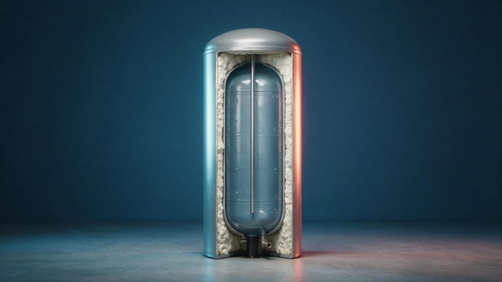 A storage water heater cut away to show the foam insulation, the glass-lined inner tank and the vertical dip tube
