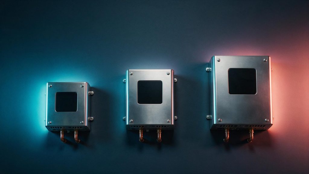 Three tankless water heaters of increasing size mounted in a row
