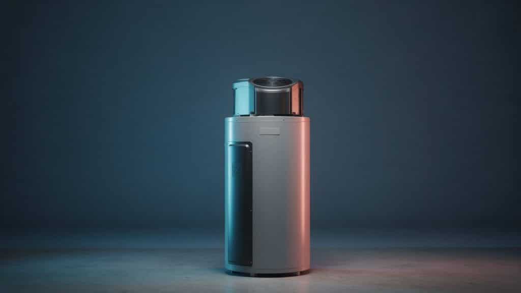 A freestanding heat pump water heater with a compressor and fan housing on top, standing alone on a concrete floor