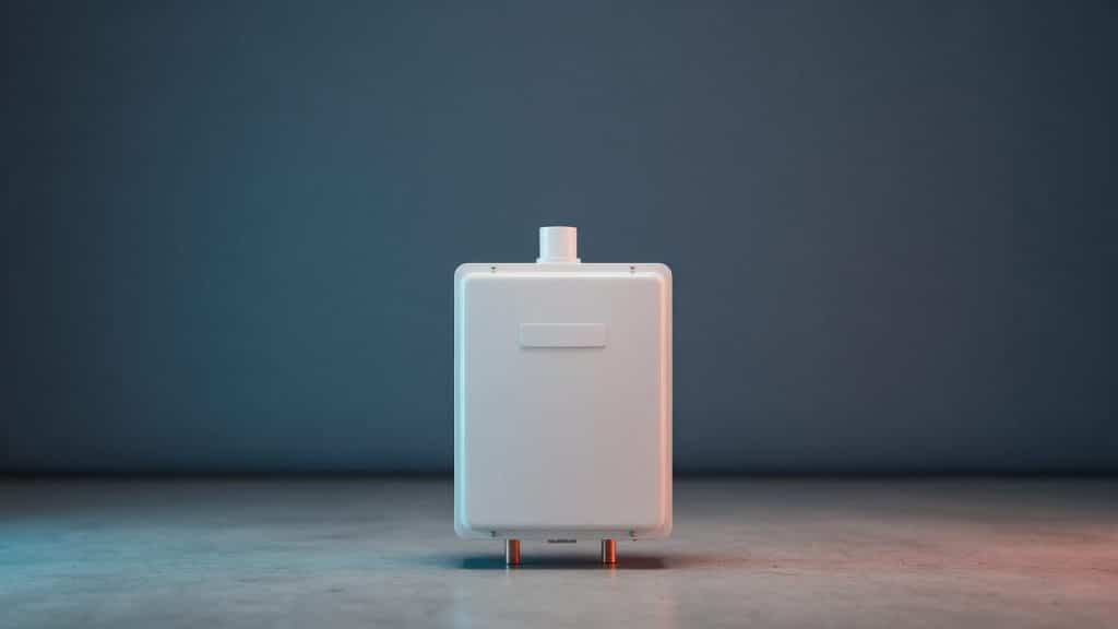 A compact white gas tankless water heater with a short white exhaust pipe on top, standing on a concrete floor