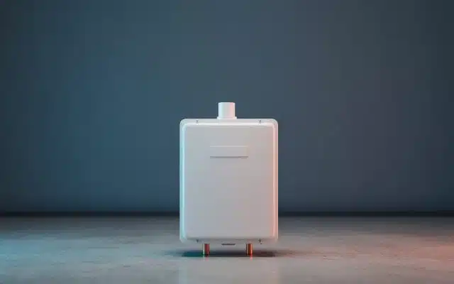A compact white gas tankless water heater with a short white exhaust pipe on top, standing on a concrete floor