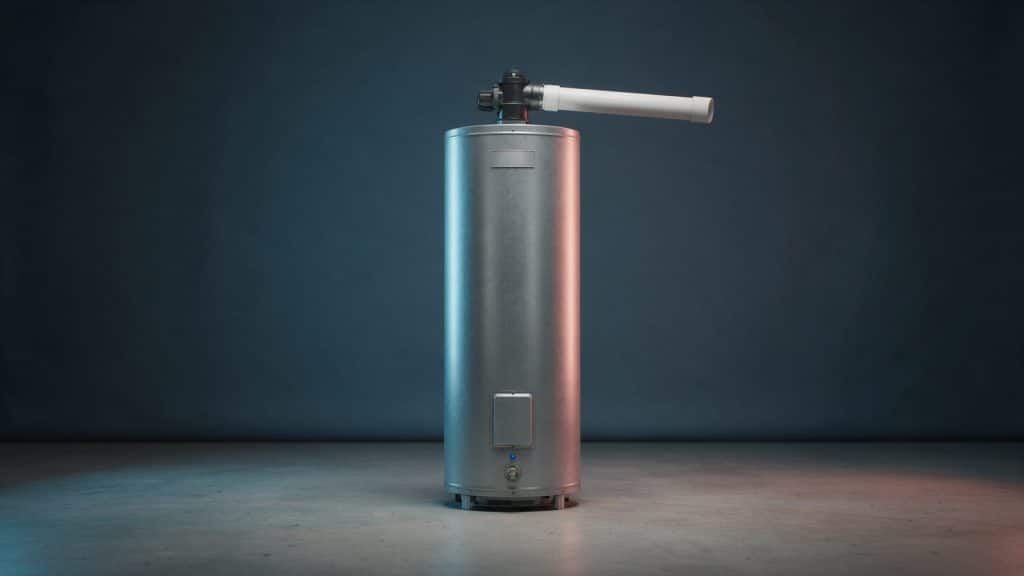 A gas storage water heater fitted with a small blower housing on top, feeding a horizontal PVC vent pipe toward a side wall