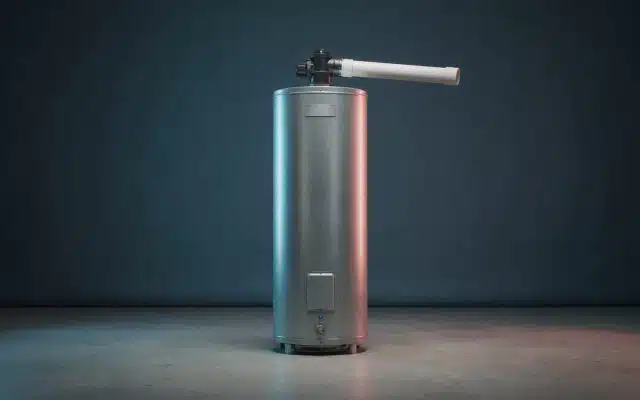 A gas storage water heater fitted with a small blower housing on top, feeding a horizontal PVC vent pipe toward a side wall
