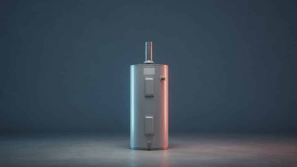 A cylindrical gas storage water heater with a vertical vent pipe on top, standing alone on a concrete floor with a blank nameplate