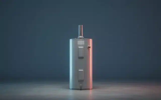 A cylindrical gas storage water heater with a vertical vent pipe on top, standing alone on a concrete floor with a blank nameplate