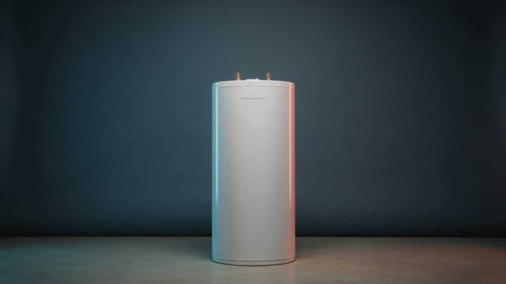 A cylindrical electric resistance water heater standing alone on a concrete floor, with two pipe connections on top and a blank nameplate