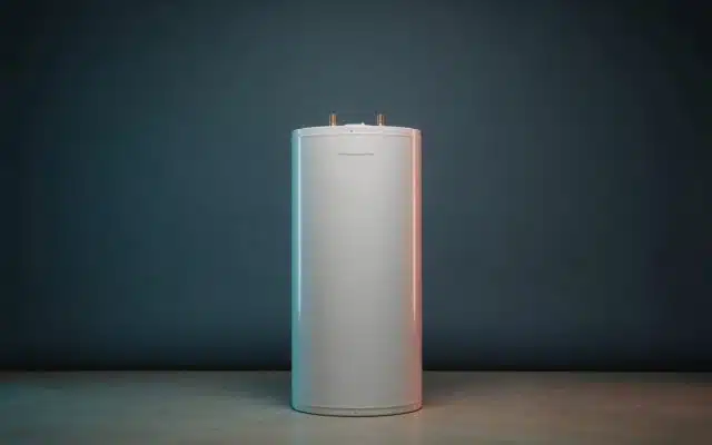 A cylindrical electric resistance water heater standing alone on a concrete floor, with two pipe connections on top and a blank nameplate